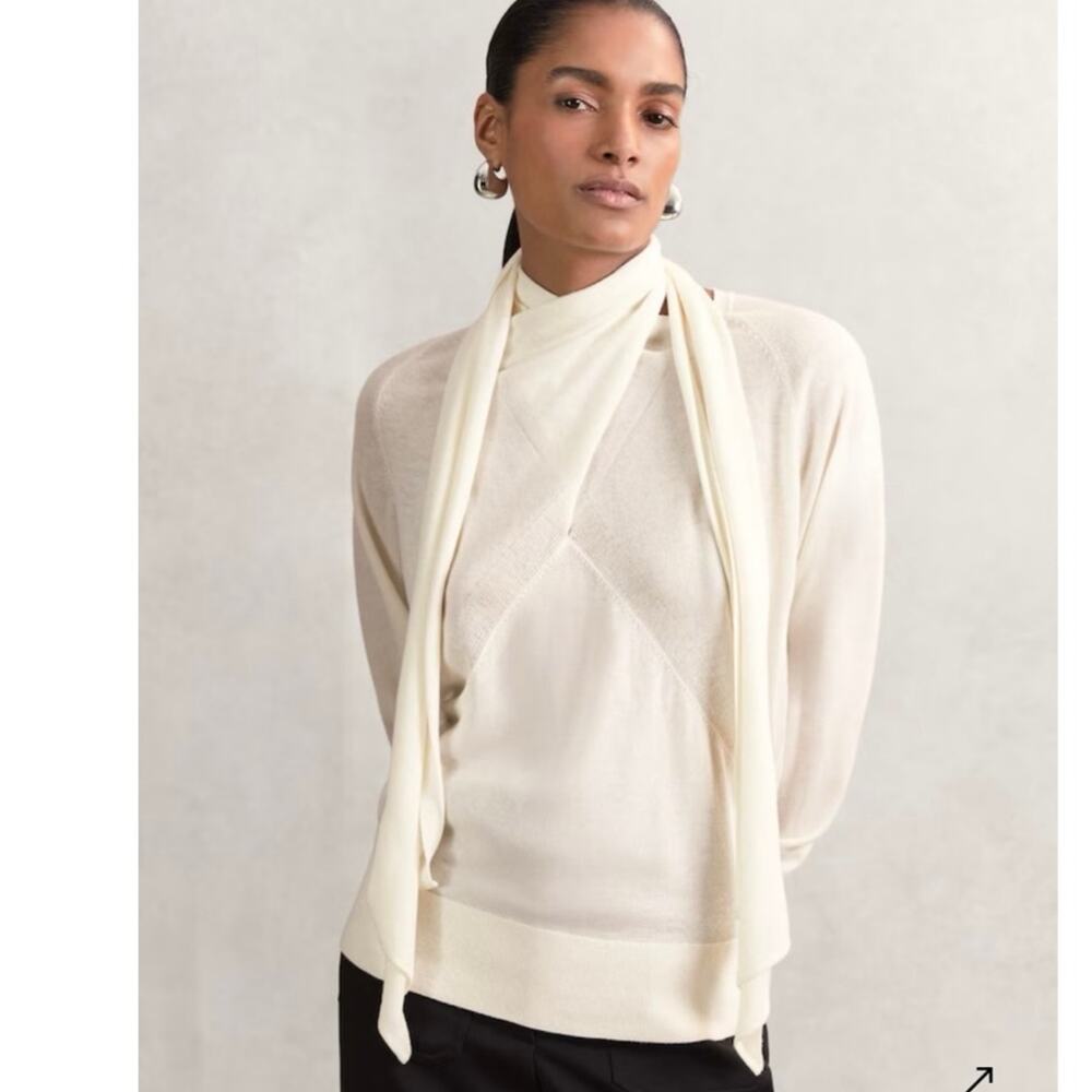 NWOT Women’s Reiss Alexis Wool Scarf-Tie Draped Jumper in Cream SZ S